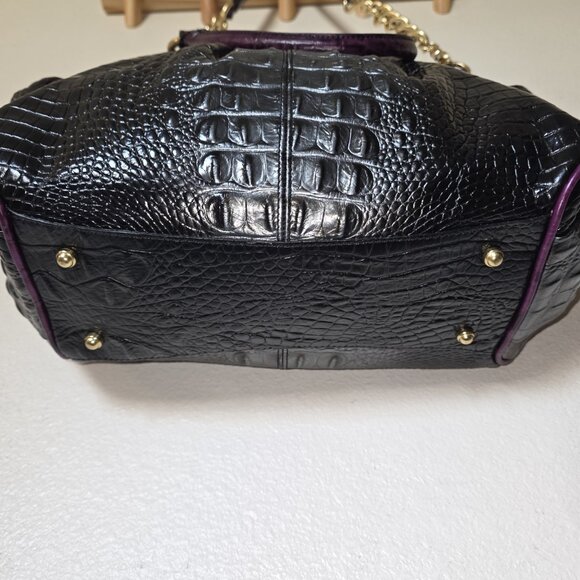 RARE Brahmin Adora Black & Purple Croc Embossed Leather Satchel Gold Chain - Picture 13 of 16